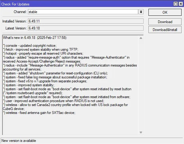 Screenshot Check For Updates MikroTik