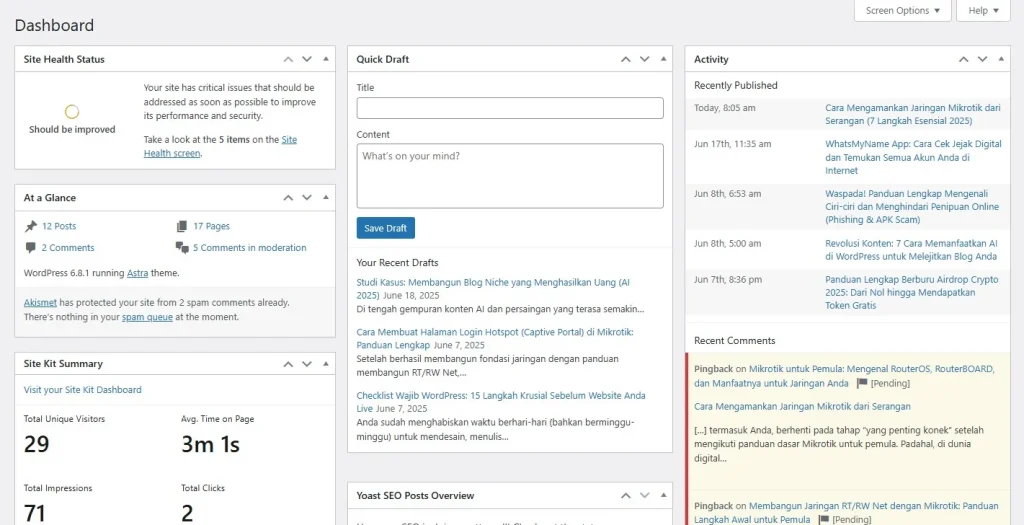 Screenshoot Dashboard WordPress
