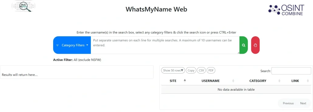 Tampilan Situs WhatsMyName